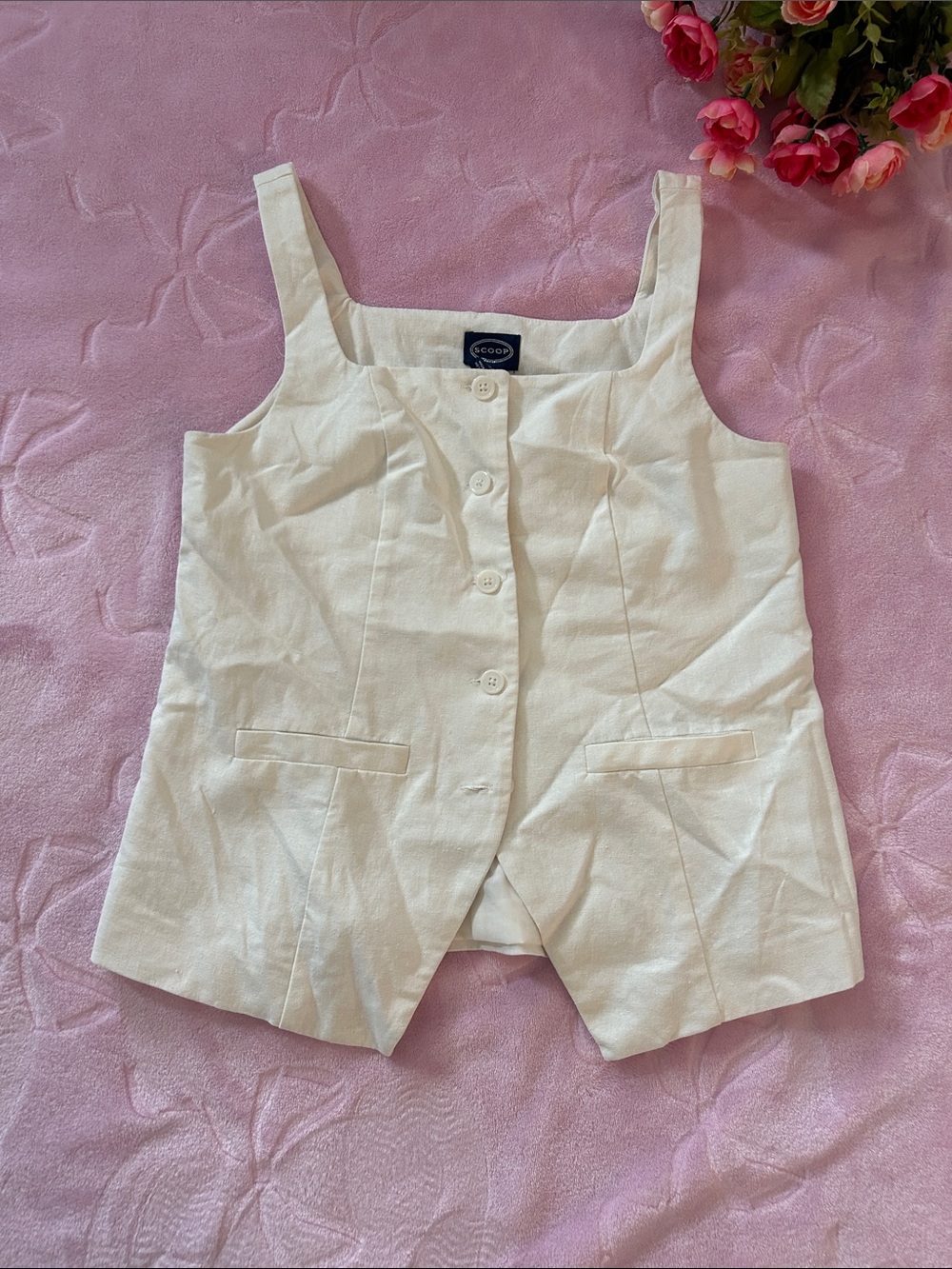 Whisper Cream Button-Front Linen-Blend Vest